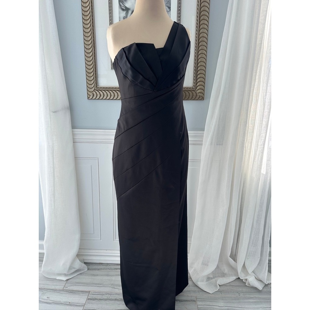 Jessica Simpson Gala One Shoulder Pleated Satin‎ Black Old Hollywood Gown 4